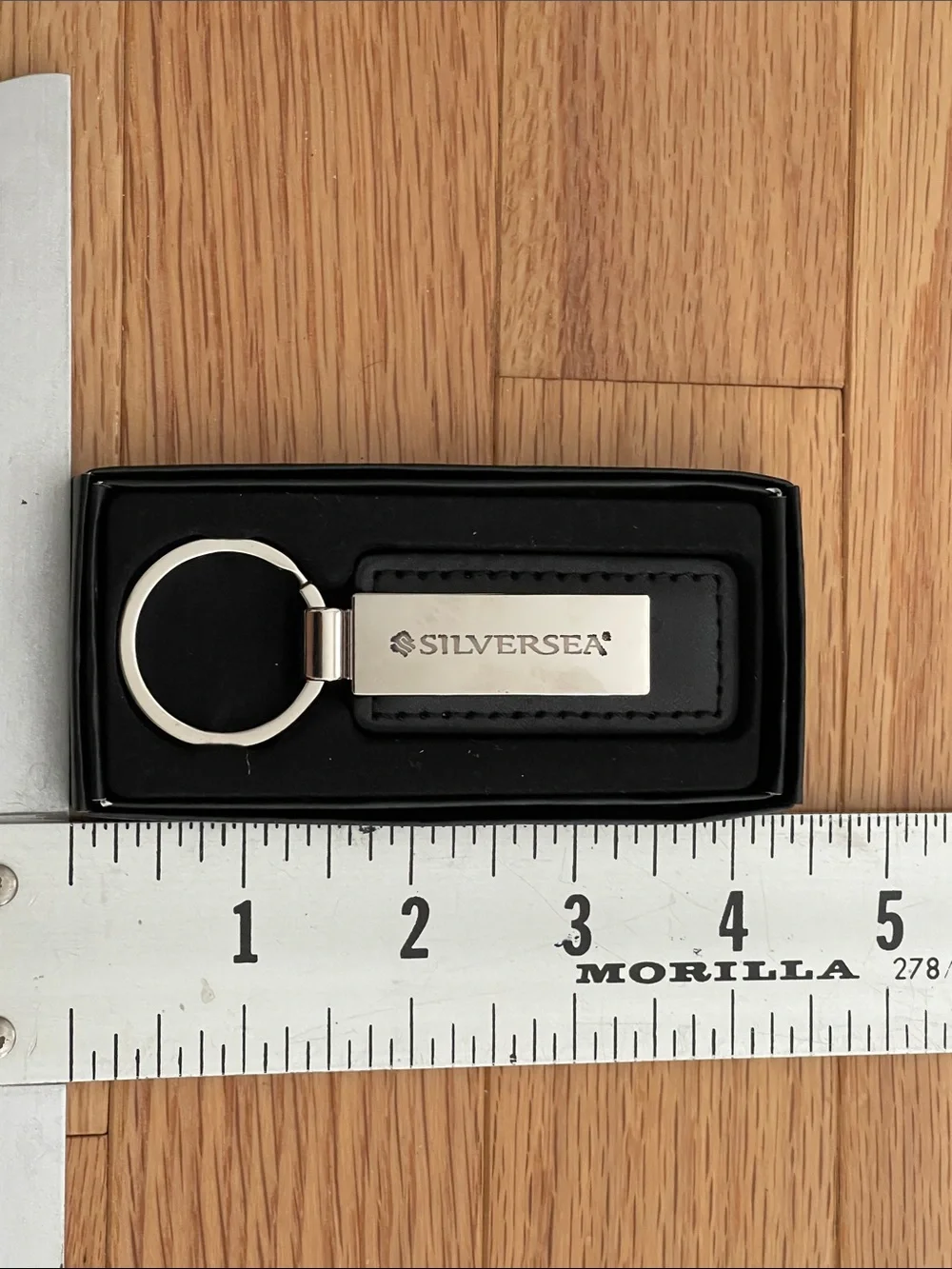 Silversea NEW Boxed Black Leather Keychains with Silver Metal Plate - Pair